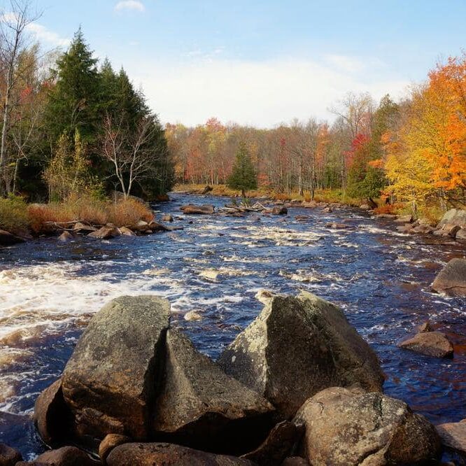 view of a waterfall with big rocks and trees with fall foliage